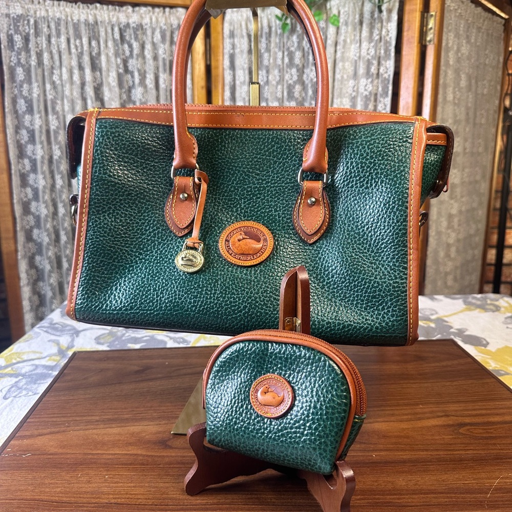 Vintage Dooney & Bourke Green and Brown Pebble Leather Satchel